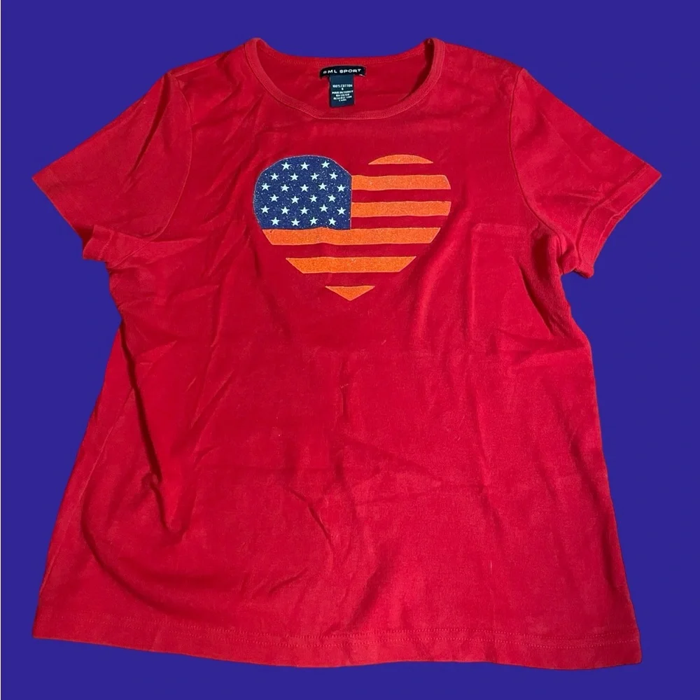 SML Sport red Stars Stripes heart tshirt cotton size small glitter graphic tee - Picture 2 of 12